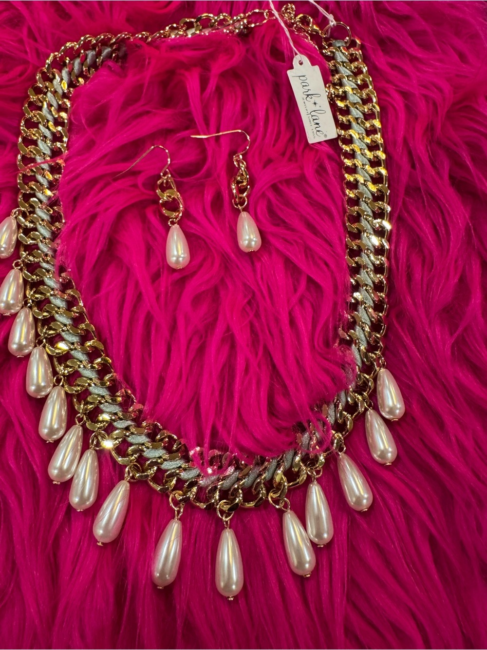 Park Lane Gold-tone Necklace and Pearl Teardrop Earring Set - Pink Accents